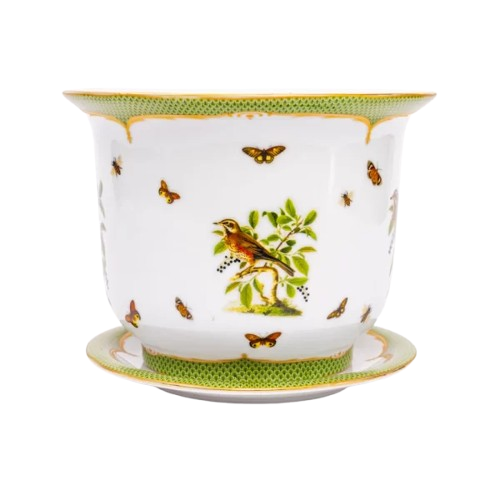 Vaso Cachepot Médio + Prato De Base Coleção Pássaros