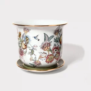 Vaso Cachepot Pequeno + Prato De Base Coleção Botanic